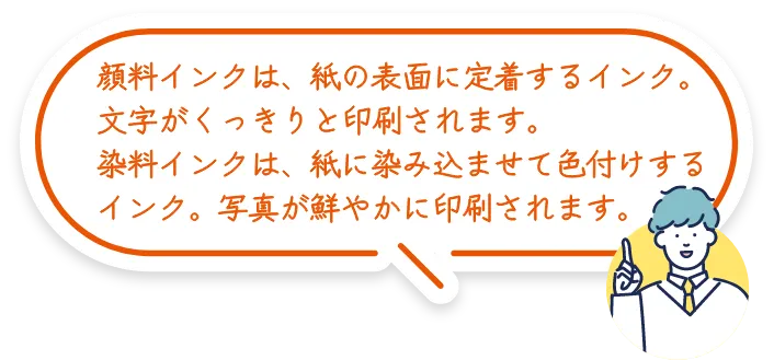 顔料bet365 評判は、紙の表面に定着するbet365 評判。文字がくっきりと印刷されます。染料bet365 評判は、紙に染み込ませて色付けするbet365 評判。写真が鮮やかに印刷されます。